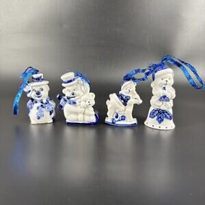 Delft Holland Porcelain Blue/White Polar Bears Snowman Christmas Ornament Lot 4